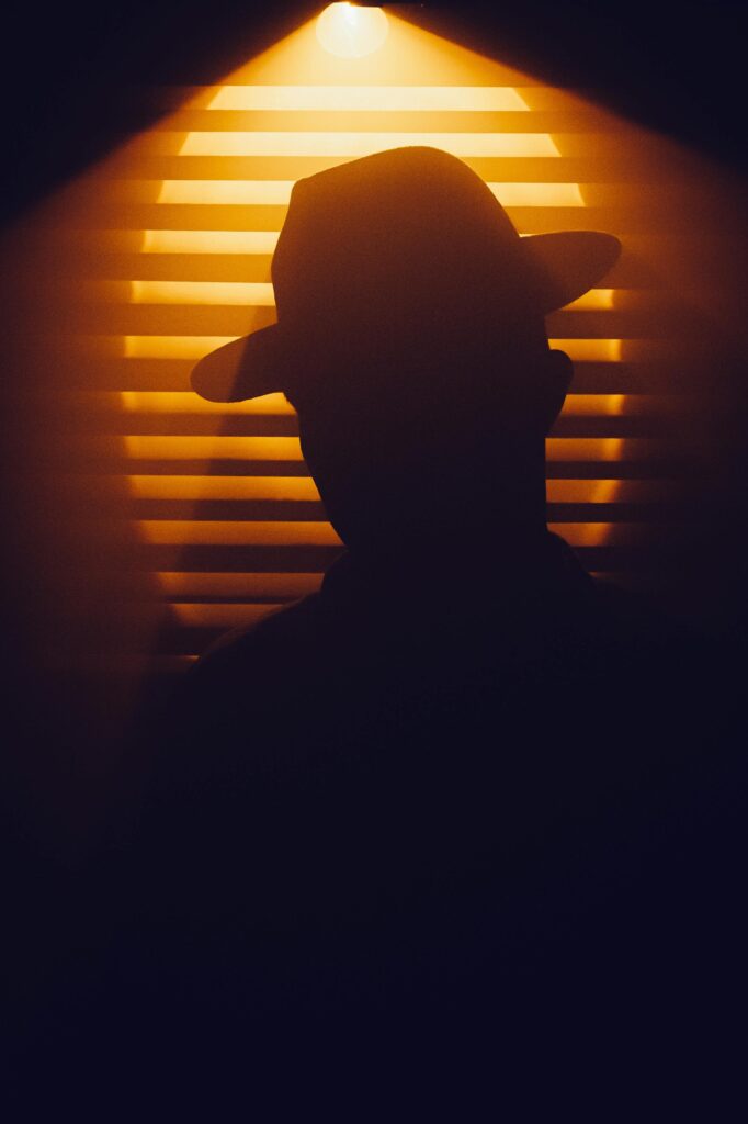 Mysterious silhouette of person in hat against a backdrop of dramatic blinds and warm lighting.